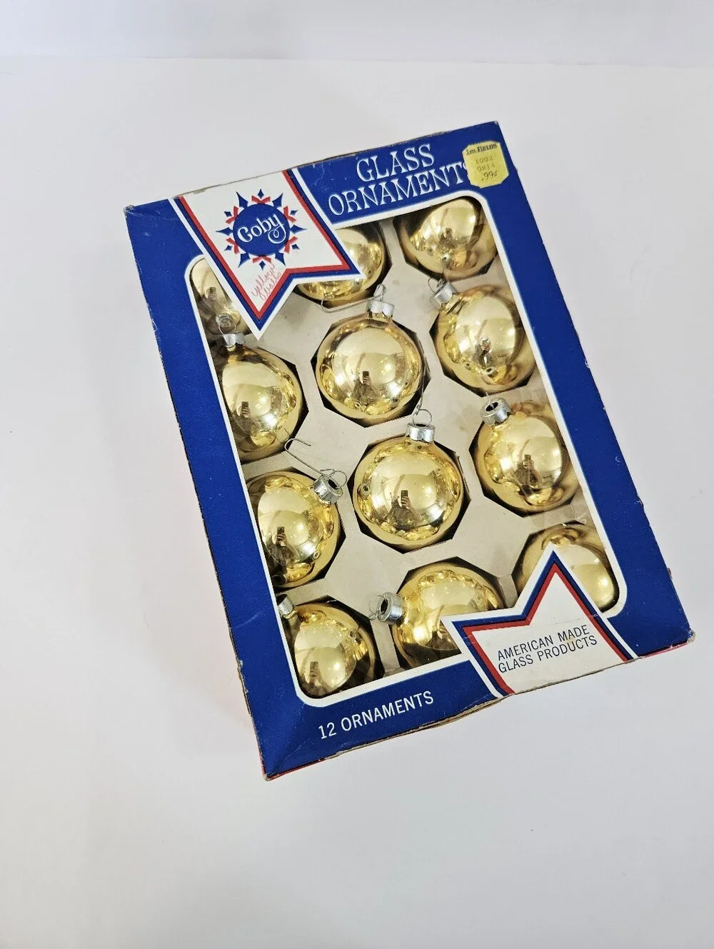 Vintage Coby Glass MCM Gold Bauble Christmas Tree Ornaments Set of 12 - In Box